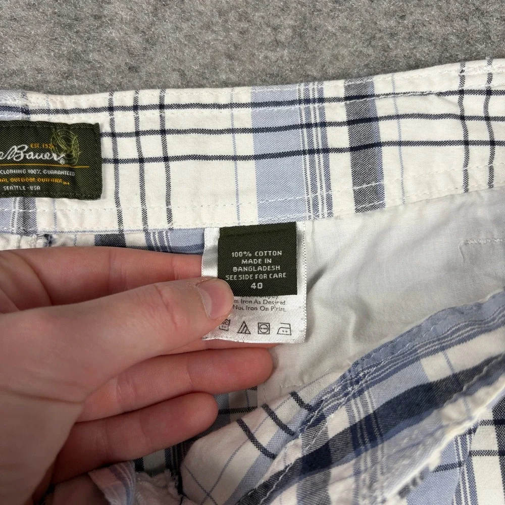 Eddie Bauer Cargo Shorts Mens 40 Blue White Plaid Cotton Outdoor Hiking‎ Utility
